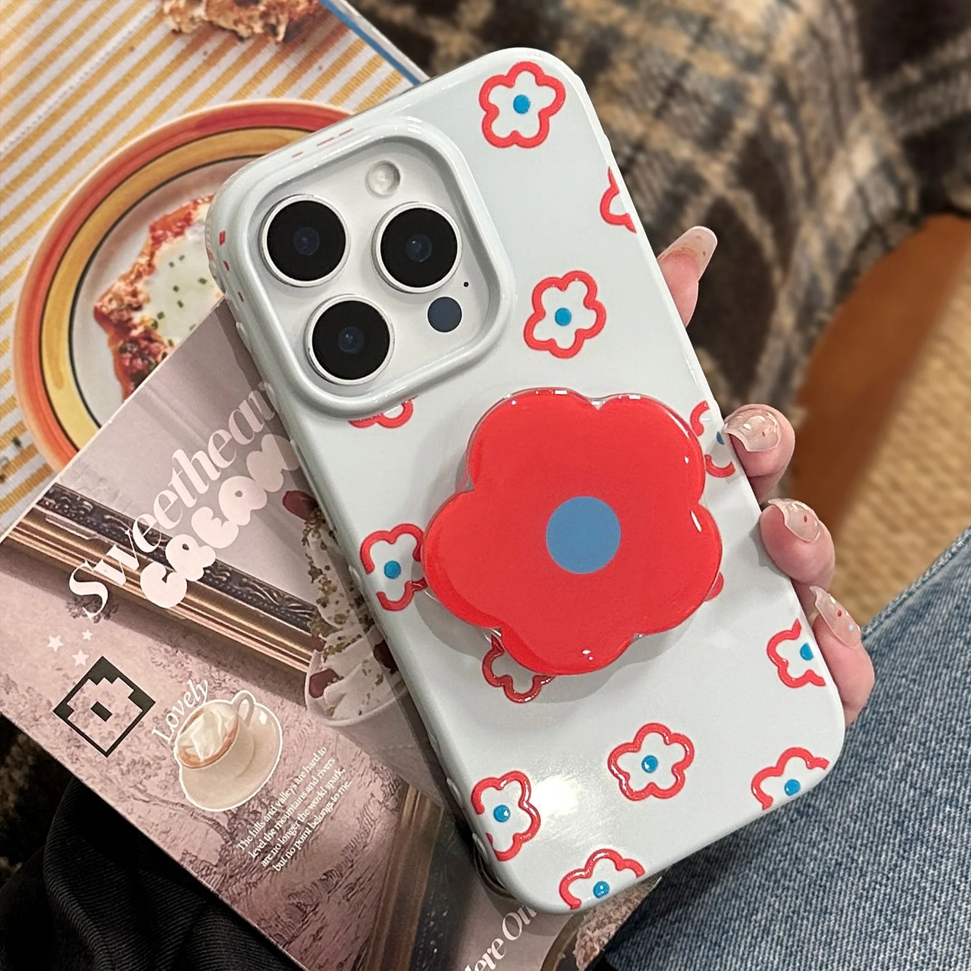 Funda Protectora para Teléfono con Diseño de Flores Azules y Rojas de Dibujos Animados Coreanos, Compatible con iPhone 17 16 15 14 13 11 12 Pro Max, Antigolpes, Suave