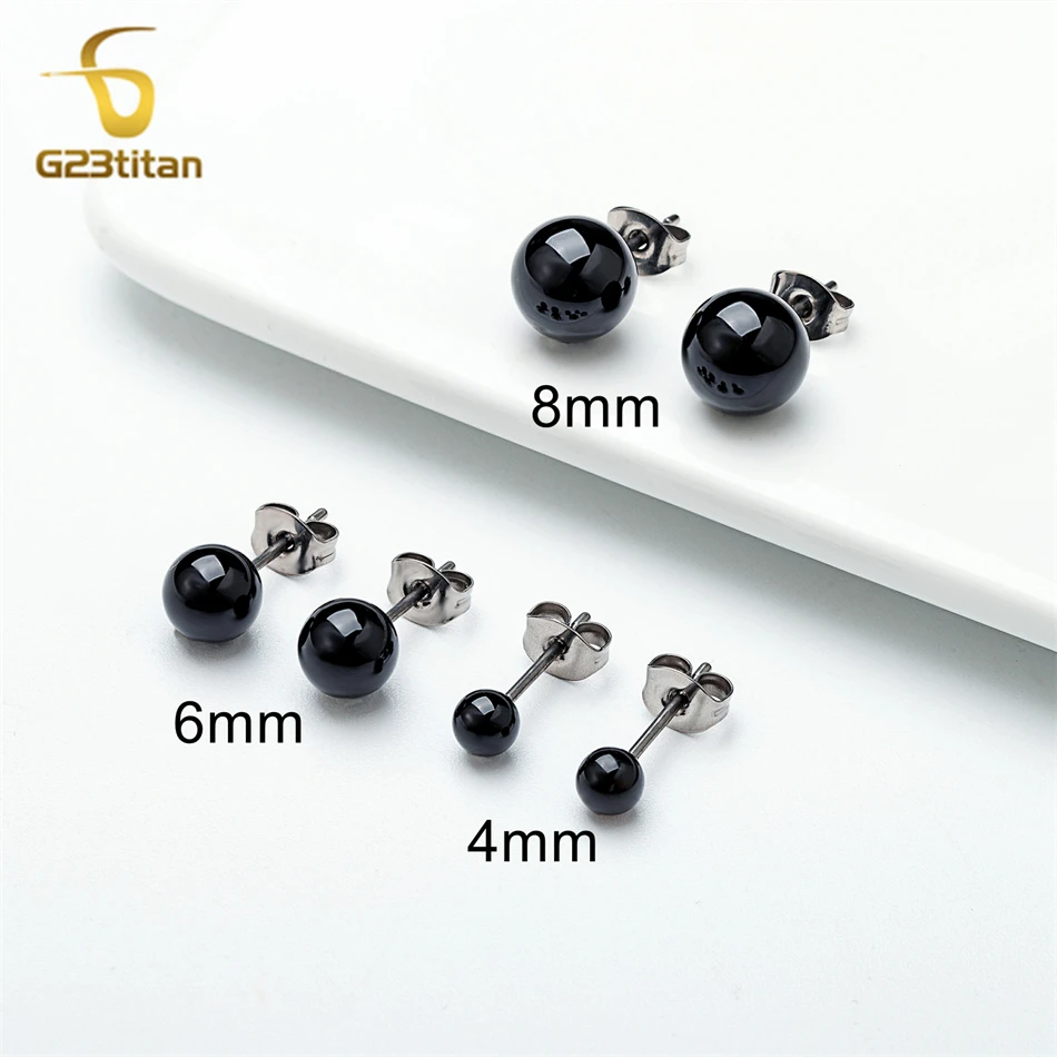 Black Agate Stone Stud Earrings for Women Mens Medical G23 Titanium Piercing Jewelry Simple Round Onyx Ball Ear Lobe Accessories