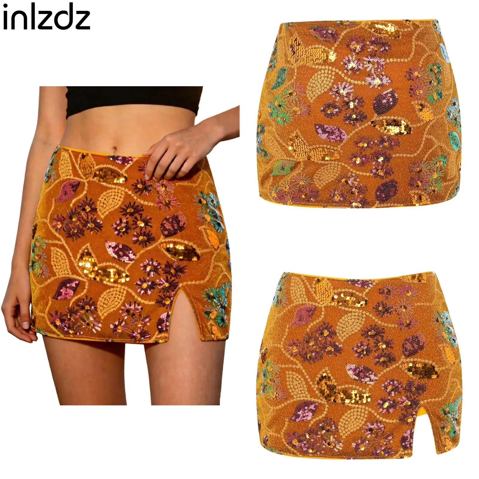 Women Sequin-decorated Embroidery Miniskirt Fashion Female Built-in Shorts Side Zipper Skirt for Party Daily Casual Wear