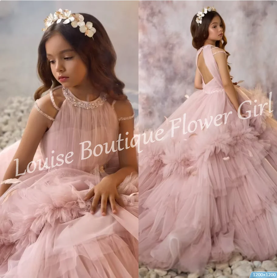 

Customized Flower Girl Dress Luxury Halter Sequined A-Line Tiered Princess Floor Length Dresses First Communion Birthday Gowns