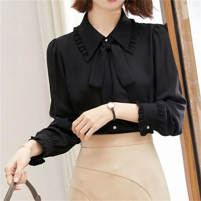 Woman Spring Autumn Style Blouses Shirts Lady Casual Long Sleeve Stand Collar Bow Tie Decor Blusas Top G2642