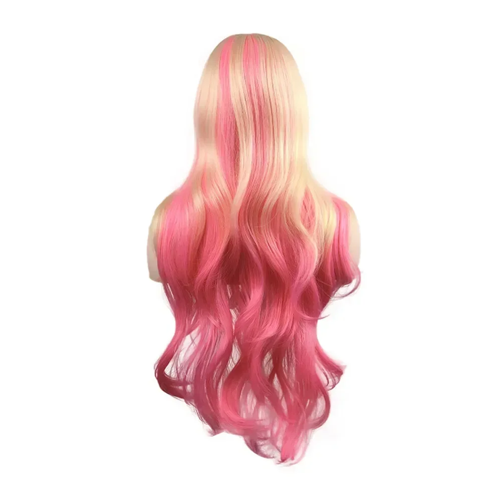 Synthetic Wigs  Fashion Gold Gradation Powder Long Curly Hair Big Wavy Wig Full Cover Headpiece