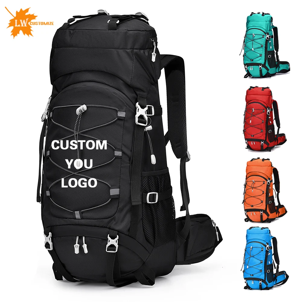 Mochila de senderismo con logotipo personalizado, mochila de viaje al aire libre de 60L, bolsa de almacenamiento para camping, mochila de gran capacidad con imagen impresa y nombre de la empresa