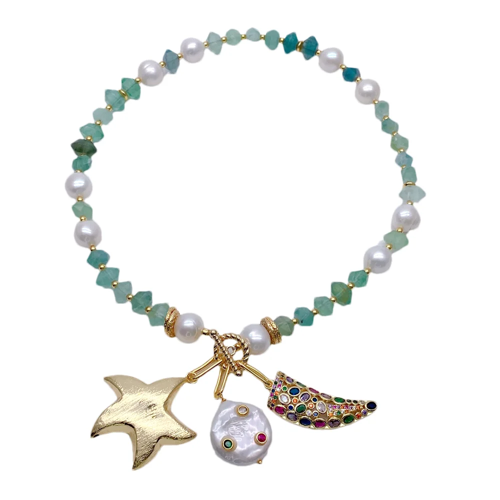 

Y·YING multi color cz pave charm starfish charm pendant faceted nugget Green Fluorite 10-12mm potato pearl necklace