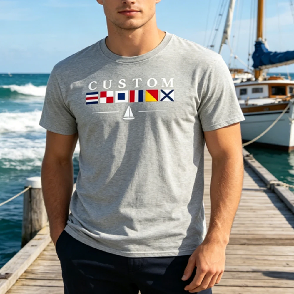 Custom Nautical Flag Print T-Shirt Personalizable Maritime Signal Flag Tops Boating Gift For Sailors Captain Casual Outfit 2026