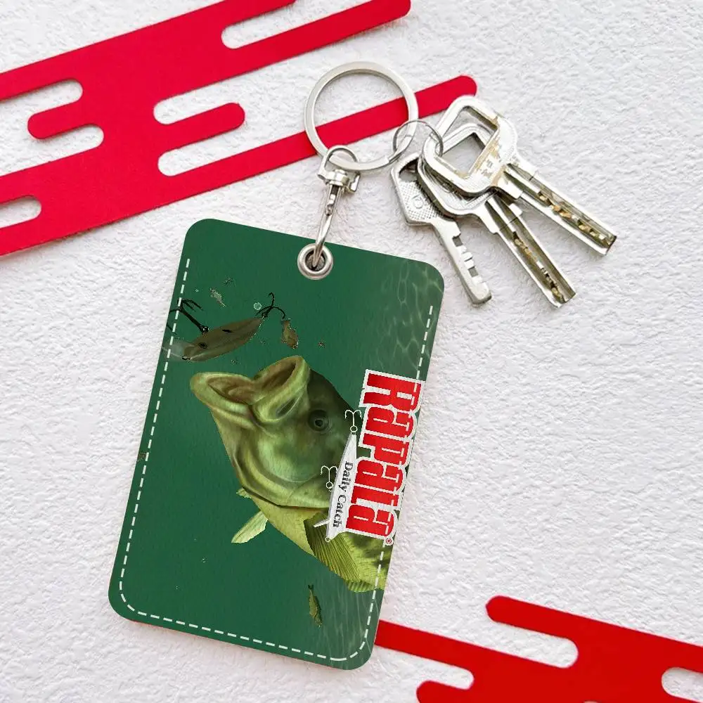 R-Rapalas Fishing Rectangle ID Card Case Keychain Access Card Bag Key Tag Ring Leather Card Holder Key Ring Access