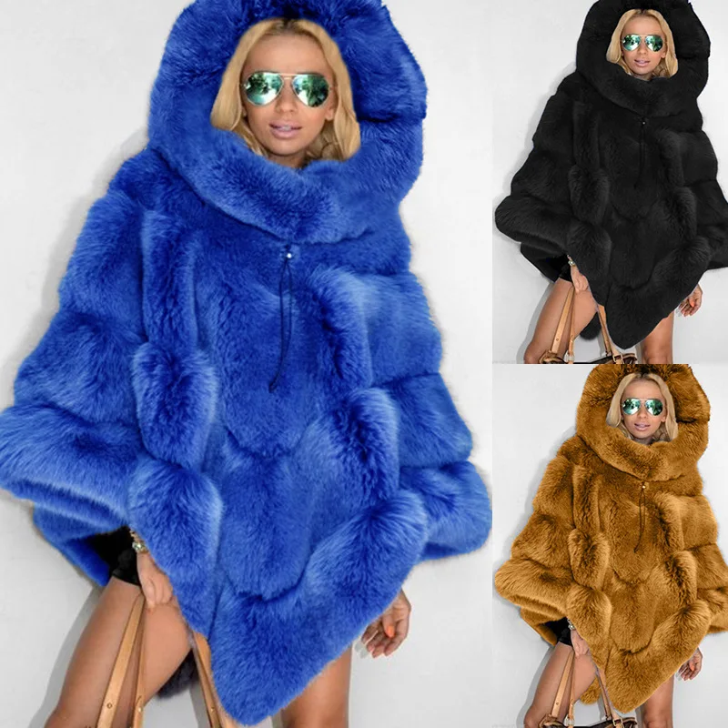 

2025 European And American Solid Color Hooded Faux Fur Patchwork Loose Coat Elegant Commuter Cape For