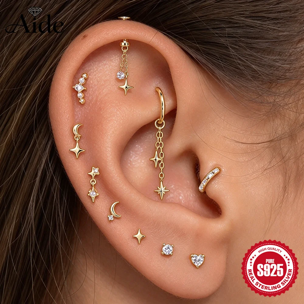 AIDE 925 Sterling Silver Star Moon Pendant Tassel Vertical Helix Stud Earring Women's Cartilage Conch Heart Piercing Dainty Gift