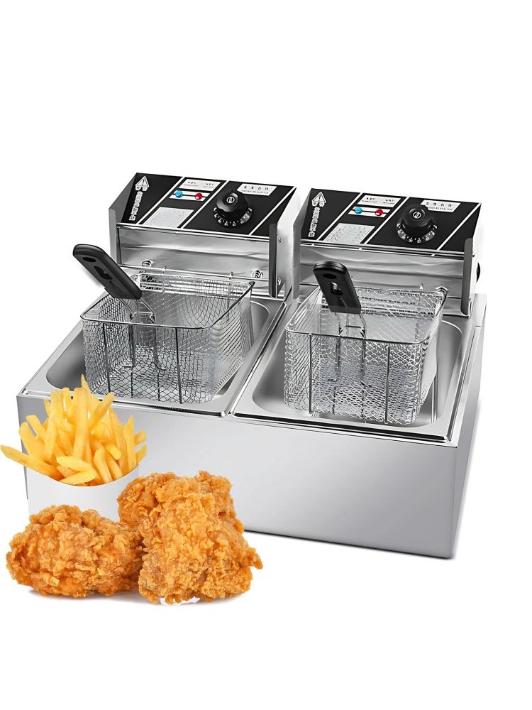 6L+6L Dual Tank Electric Deep Fryer with Removable Oil Filtration Basket and Lid 2*1.7KW Stainless Steel Automatic Thermostatic