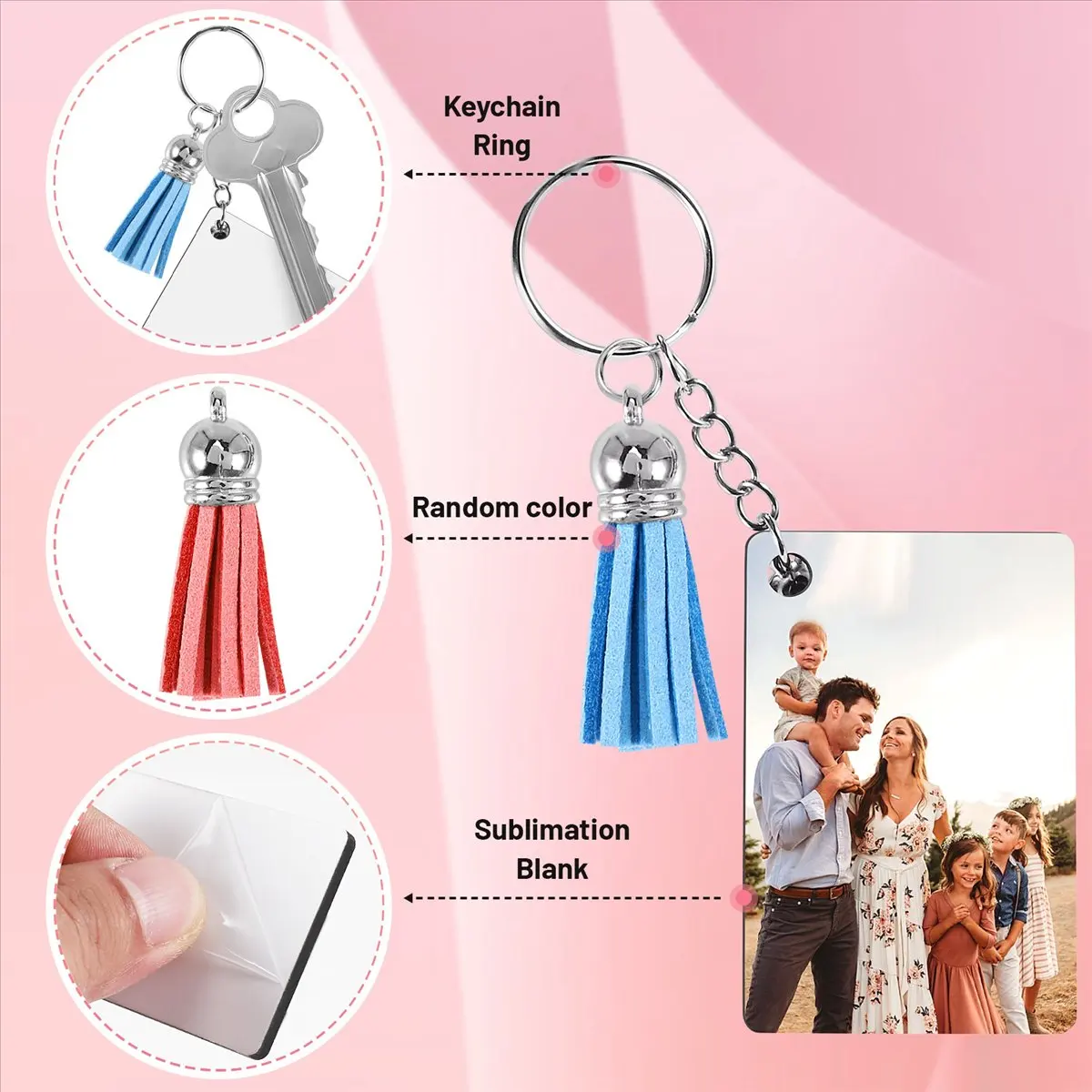 ●Sublimation Keychain Blanks Bulk, set of 30 Sublimation Keychain Blanks Set with Tassels, Keychain Circle, Keychain-ROWI
