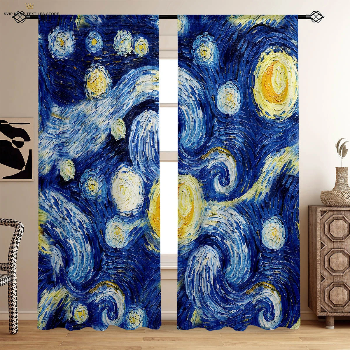 

Starry Sky Floral Printed Curtains, Oil Painting, Suitable for Bedroom, Living Room, Dormitory, Decorative Home Decoration