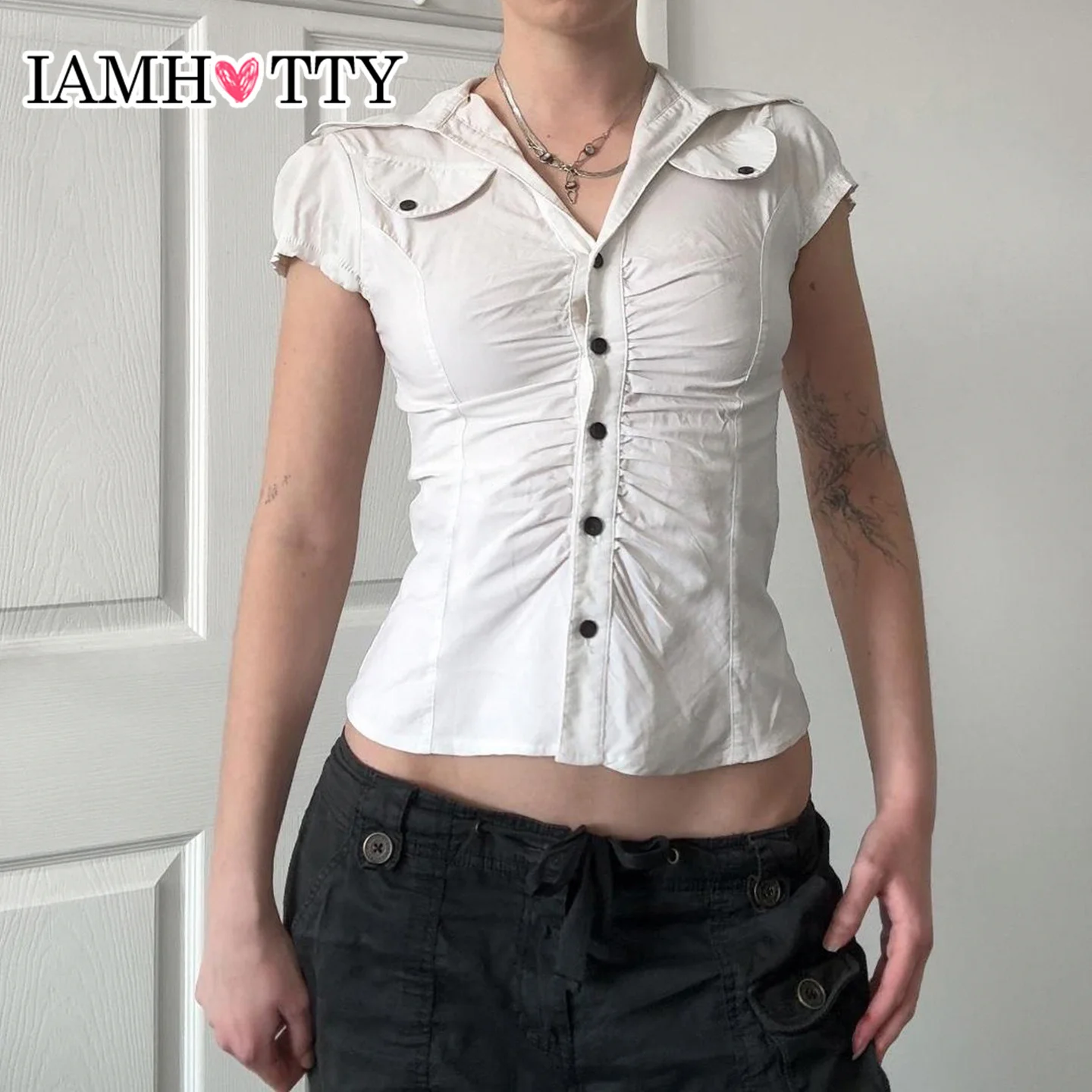 

IAMHOTTY Chest Folds Cargo Shirt White Slim-fit Turn-down Collar Top Summer Vintage Blouses Chic Fashion Streetwear Casual New