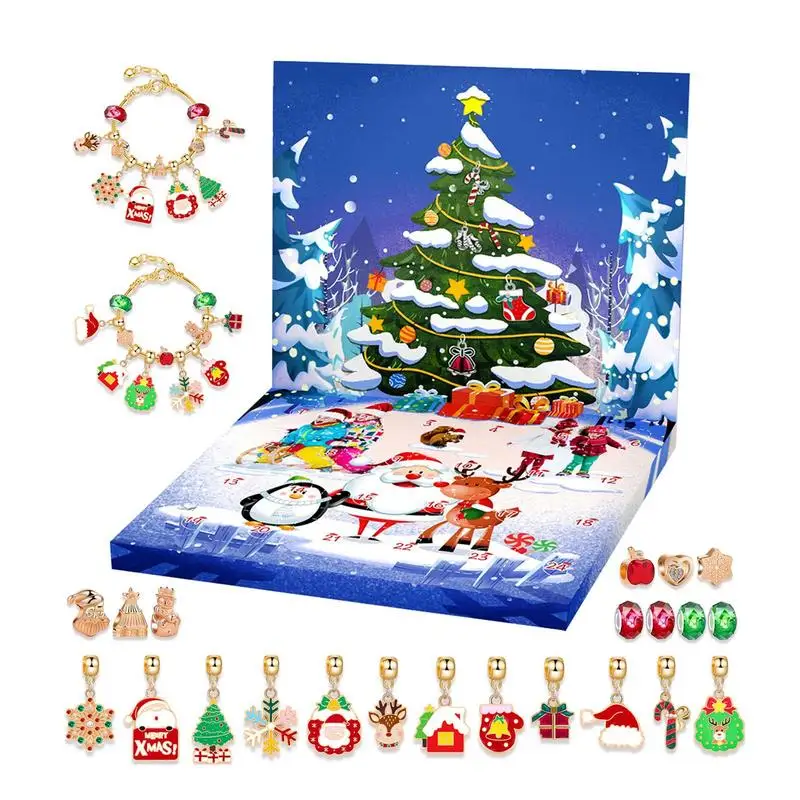 Pulseras Calendario de Adviento de Navidad para niños, Kit de fabricación de joyas de 24 días, calendario de cuenta atrás, caja de regalos, favores de fiesta de navidad