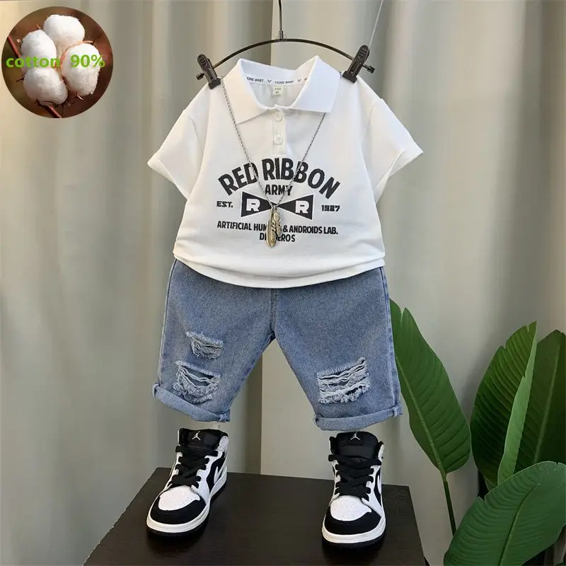 Korean Summer Kids Clothes Boys Shorts Set Cartoon Short Sleeve T-shirts + Denim Jeans 2pcs Suits for Boys Clothes 2-12 Y