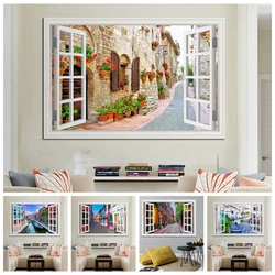 Self-adhesive European Town Street 3D Window View Wall Sticker Vinyl Decal Wallpaper Modern Venice Poster For Living Room Decor