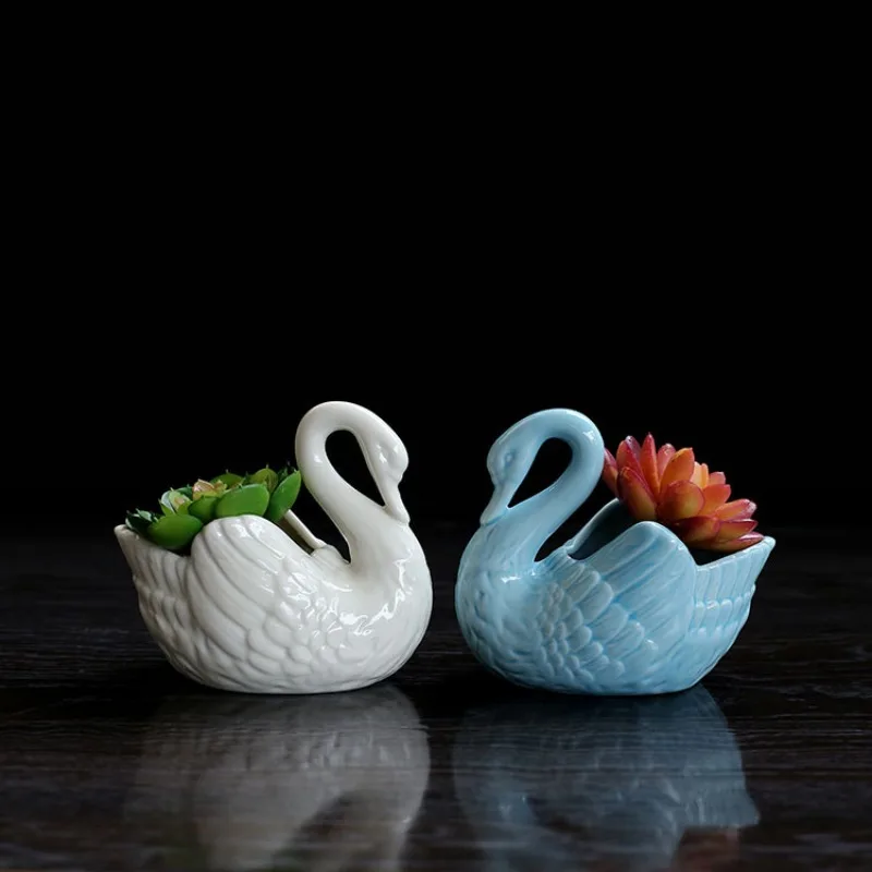 

European style minimalist white ceramic flowerpot hydroponic succulent plant swan desktop decoration