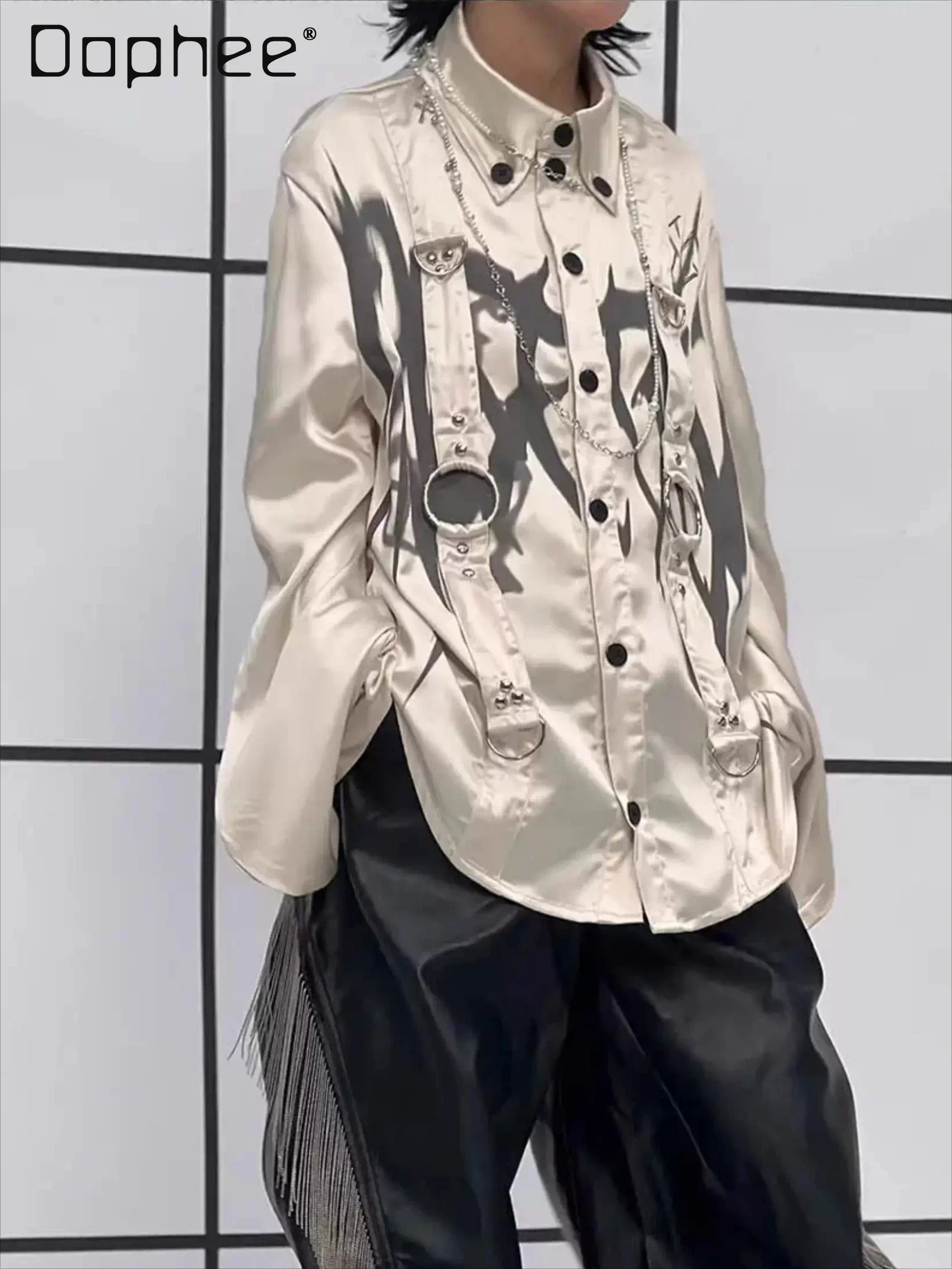 Subculture Goth Anime Printed Shirt Punk Style Chain Metal Rivet Lantern Sleeve Shirt Women Spice Girl Y2K Satin Women Tops