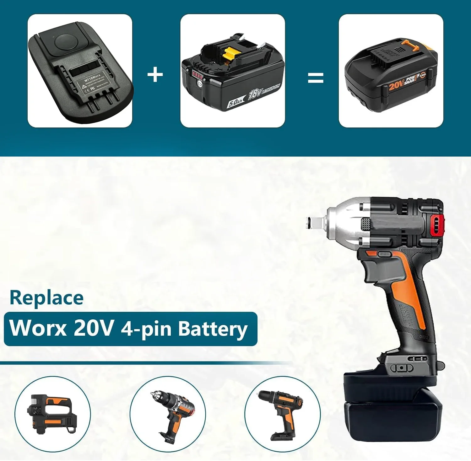 Konwerter adaptera akumulatora MT18Worx do akumulatora litowo-jonowego Makita 18 V do elektronarzędzi z 4-pinową baterią litową Worx 18 V