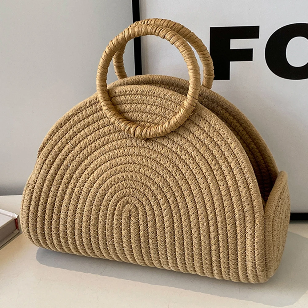 Casual Straw Braid Hobos Handbag Solid Large Capacity Handwoven Clutch Purse Shoulder Bag Summer Women Half-moon Beach Tote Bags