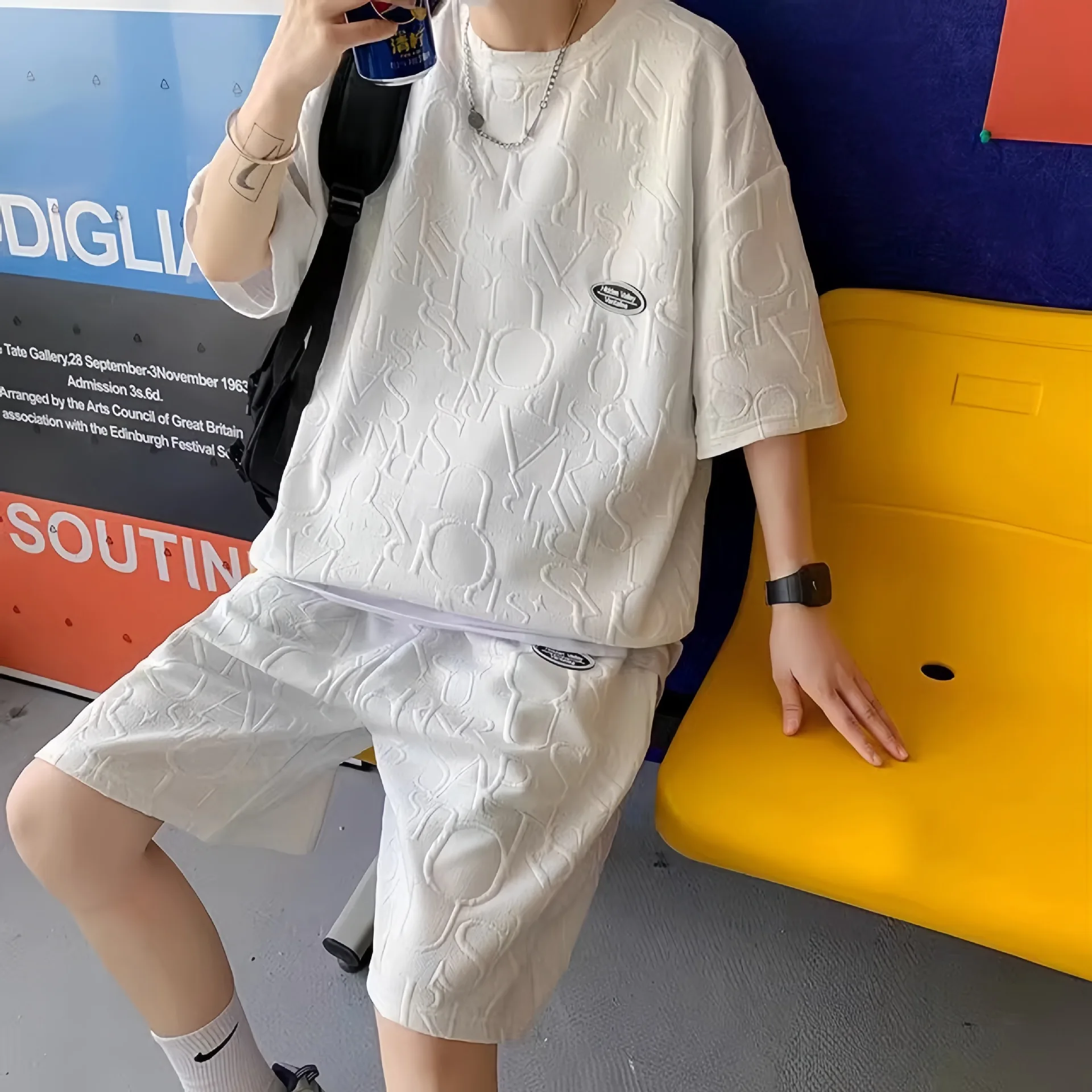 

Autumn Winter Men's Sets Korean Version Fashion Short Sleeve Tracksuit Men Two Piece Suit Casual T-Shirt and Shorts Waffle Set
