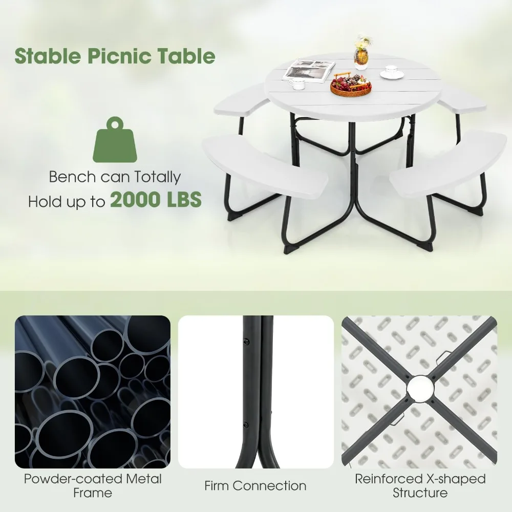 Conjunto de mesa de piquenique para até 8 pessoas, mesa redonda ao ar livre e banco com guarda-chuva, pátio para jardim