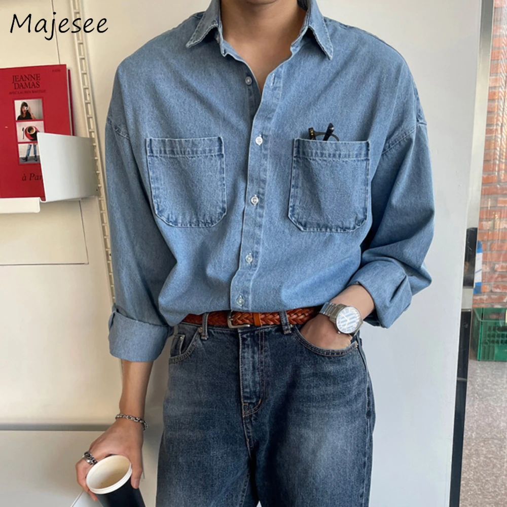 

Casual Denim Shirts Men Fashion Pockets All-match Korean Style Streetwear Vintage Hong Kong Loose Long Sleeve Teen Youthful New