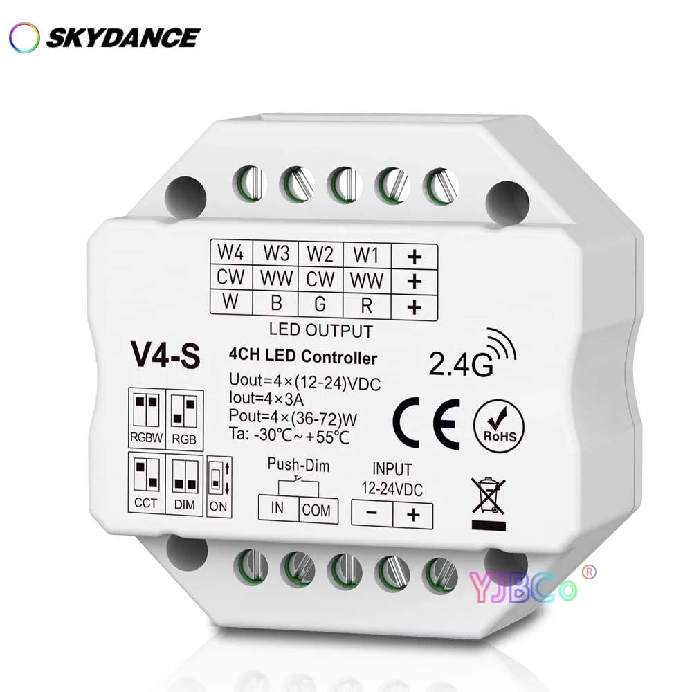 

Skydance V4-S RGBW/RGB/CCT/Dimming/single color/dual color LED strip 4CH LED Controller Wall Box Mounting switch 4CH*3A 12-24V