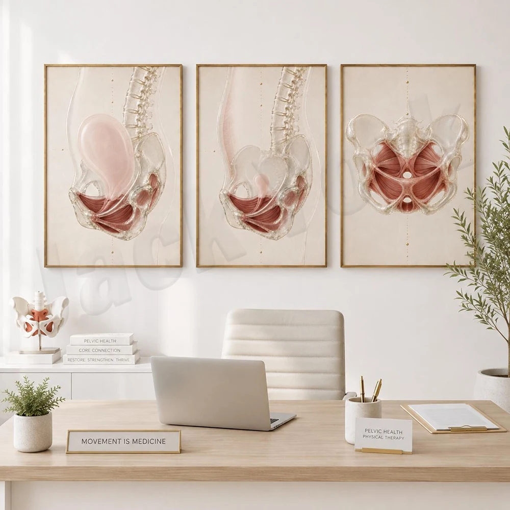 Female anatomy, pelvic floor breathing diagrams, inhalation and exhalation, pelvic floor health medical art decoration posters