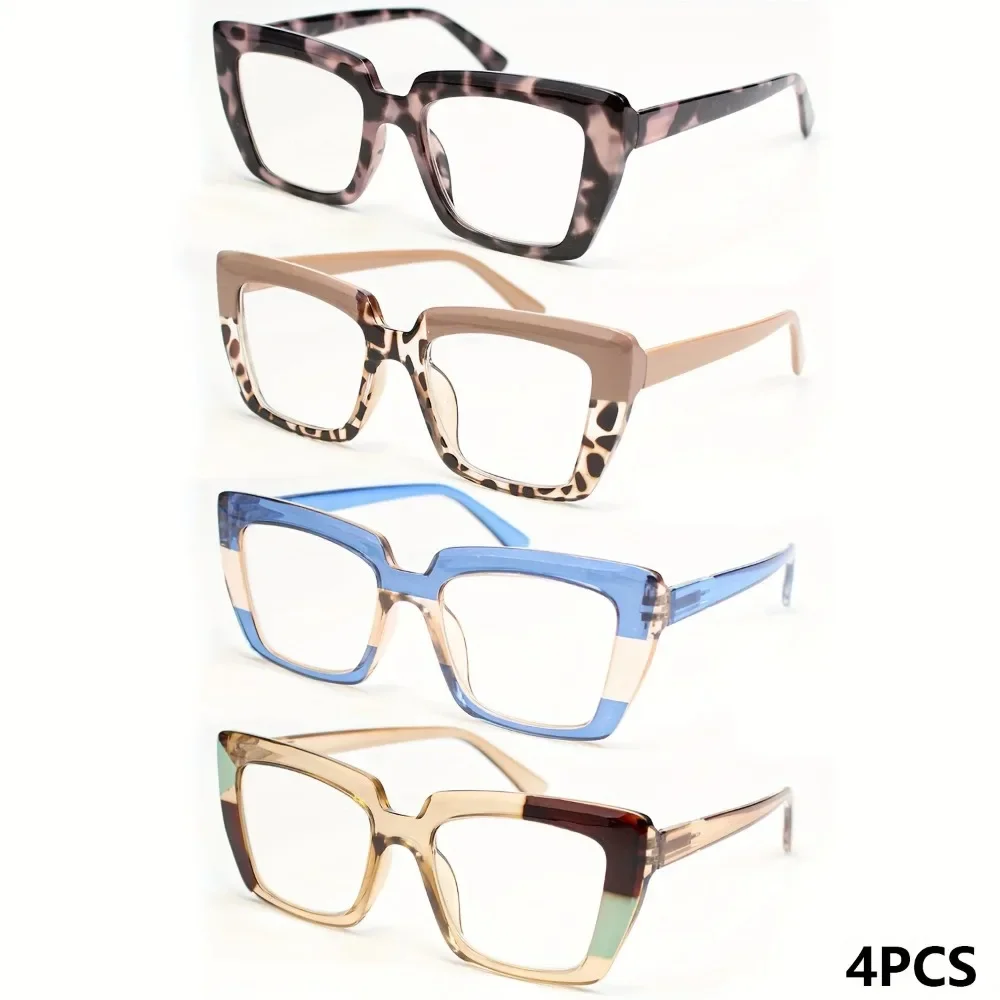 4-Piece Set of Retro Square Reading Glasses, Stylish Color Block Design, with Spring Hinges, Made of Polycarbonate Frame and Lenses, Color Random Christmas Halloween Gift Recommendation