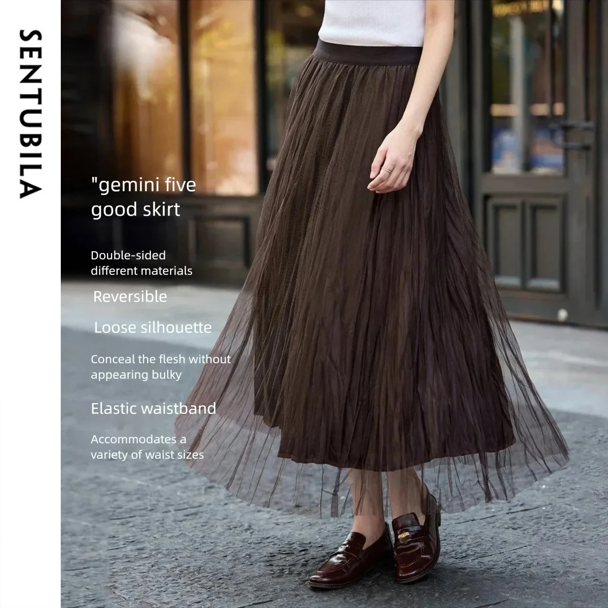 

SENTUBILA женская юбка 2025 универсальная плиссированная бархатная тюлевая двусторонняя длинная юбка повседневная зимняя женская одежда W54QL4860