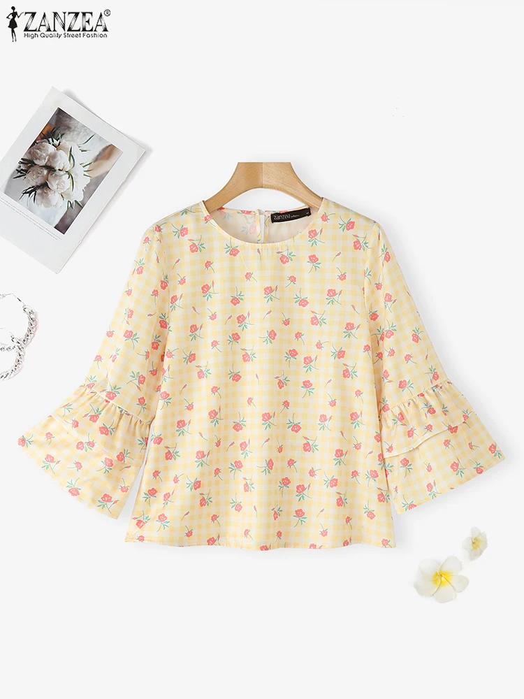 

ZANZEA Women Ruffed Blouses Vintage Plaid Tops Short Sleeve Summer Tops Bohemian Blusas 2025 Oversized Casual Loose Print Blusas