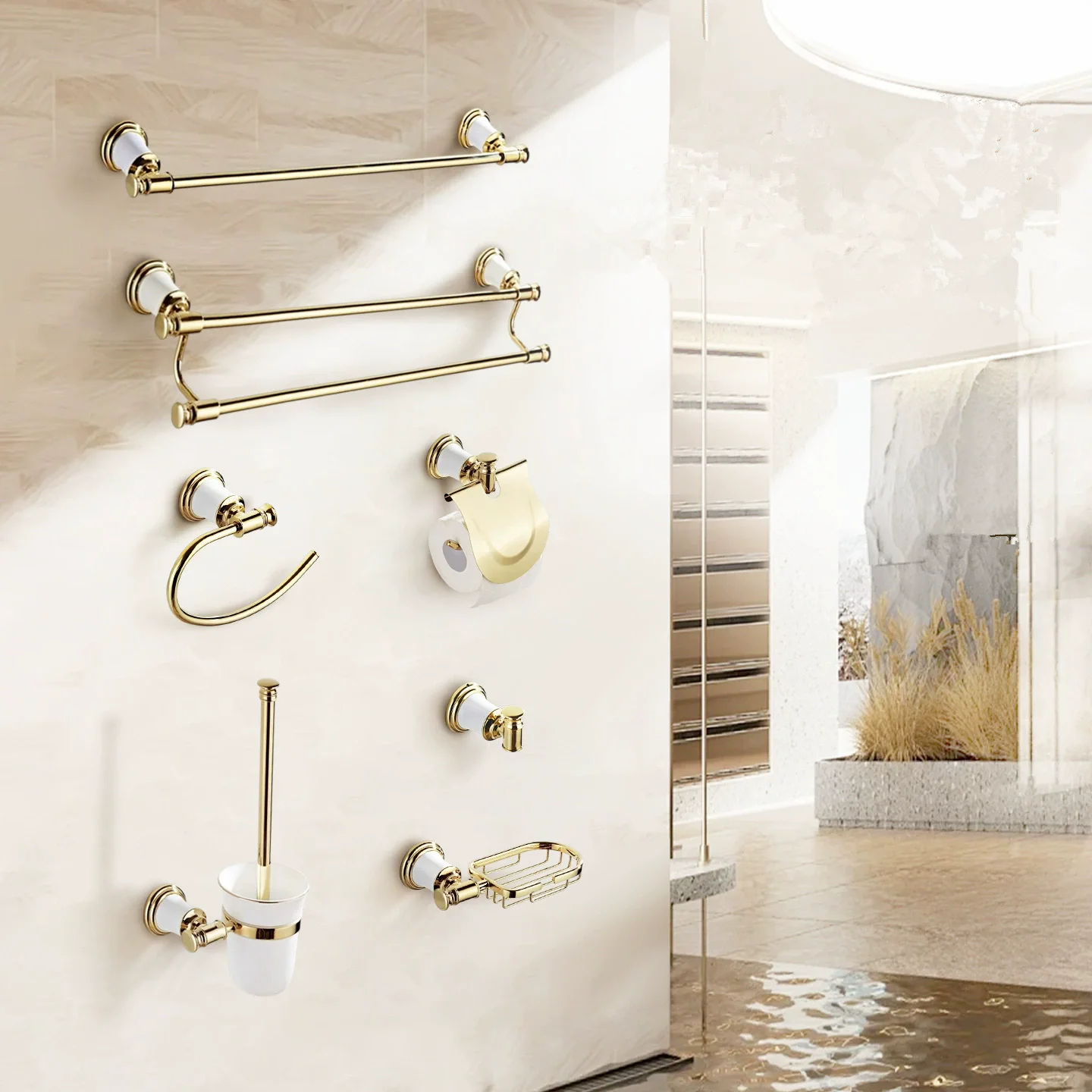 

Brass Toilet Brush Bath Shelf Gold White Paper Holder Towel Bar Soap Holder Towel Rack Glass Shelf Towel Hook Bathroom Hardware