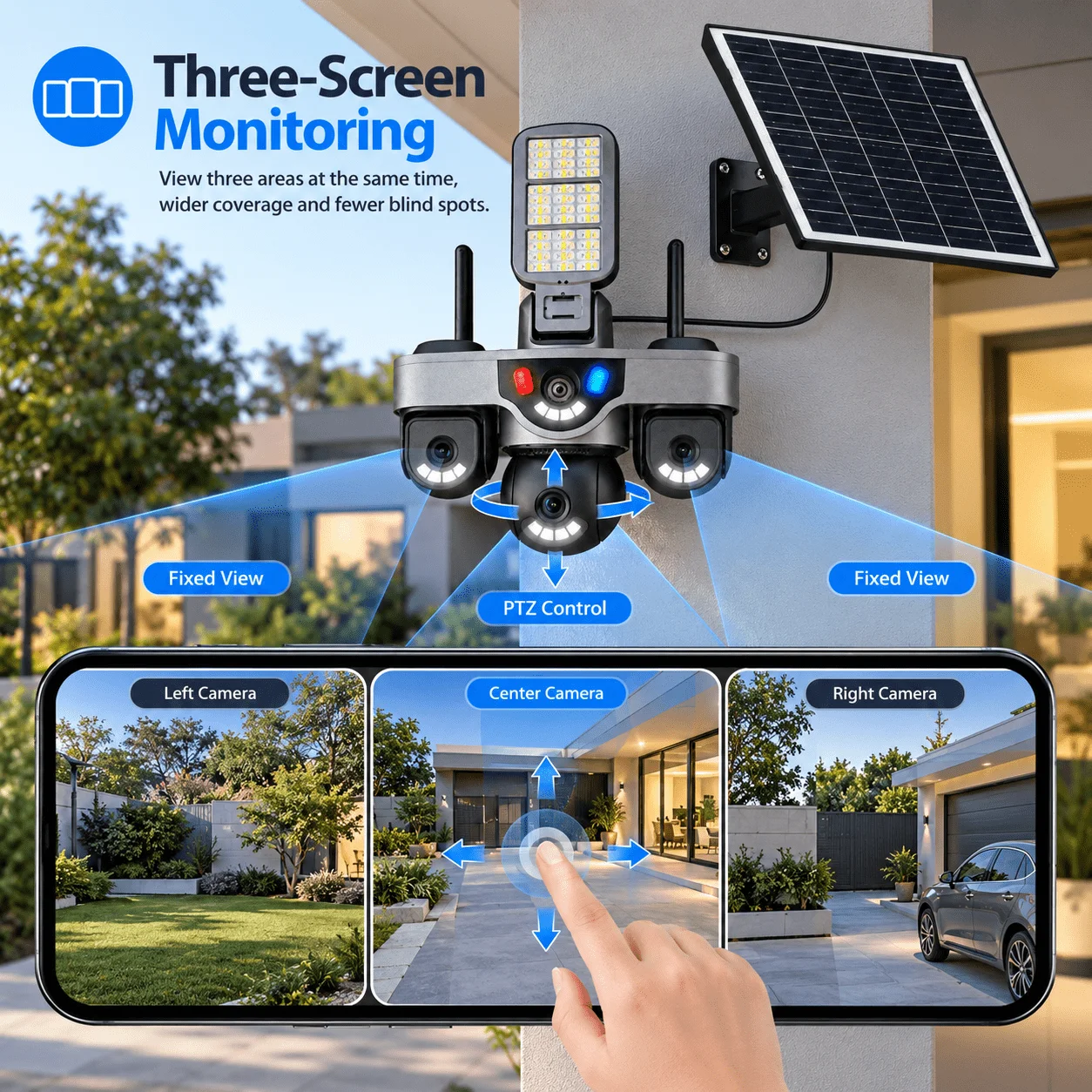 15MP Three Screen WiFi Security Solar Camera LED Lighting CCTV Wireless Surveillance IP Camera Remote Control