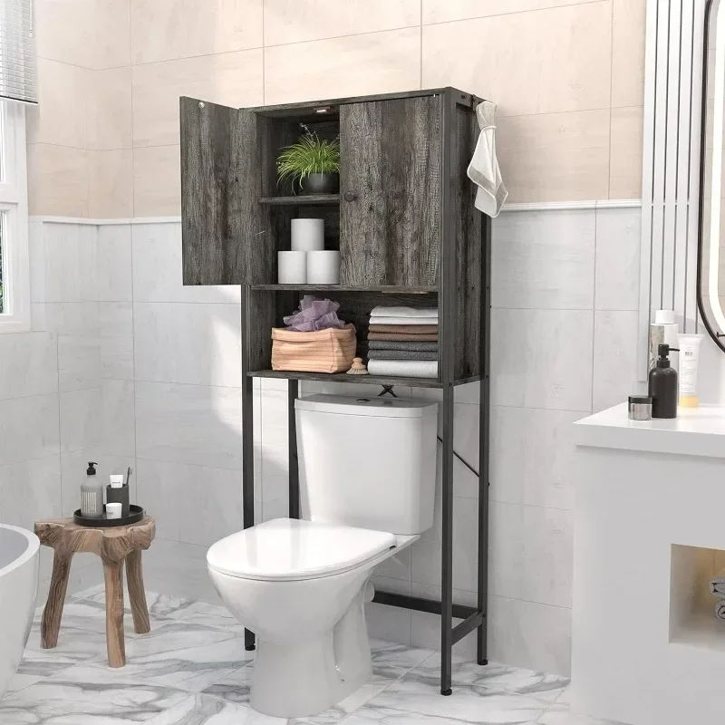 

A Storage Cabinet Rack, Bathroom Organizer Shelf Over Toilet, Freestanding Space Saver Toilet Stands with 2 Hooks
