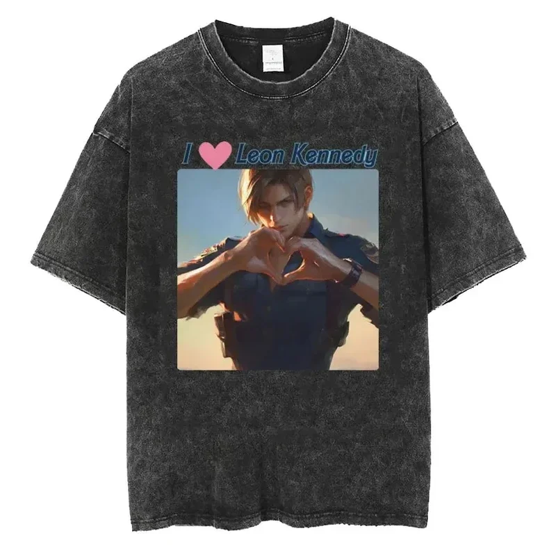 Leon S. Kennedy-Resident Evil Washed T Shirt for Men Fashion Aesthetic T Shirt for Men Retro Cool Street T Shirt Short sleeve