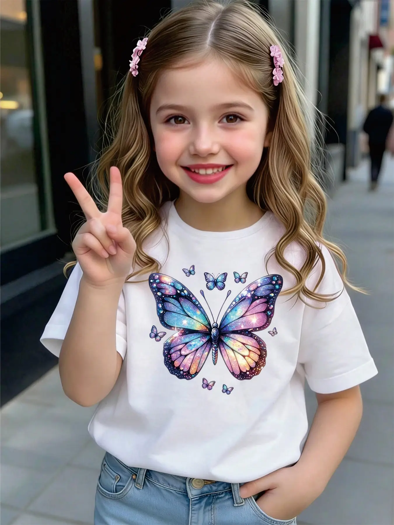 Kids Girls T-Shirt, Sparkly Galaxy Butterfly Print Short Sleeve Casual Cotton Top for Summer Daily Wear