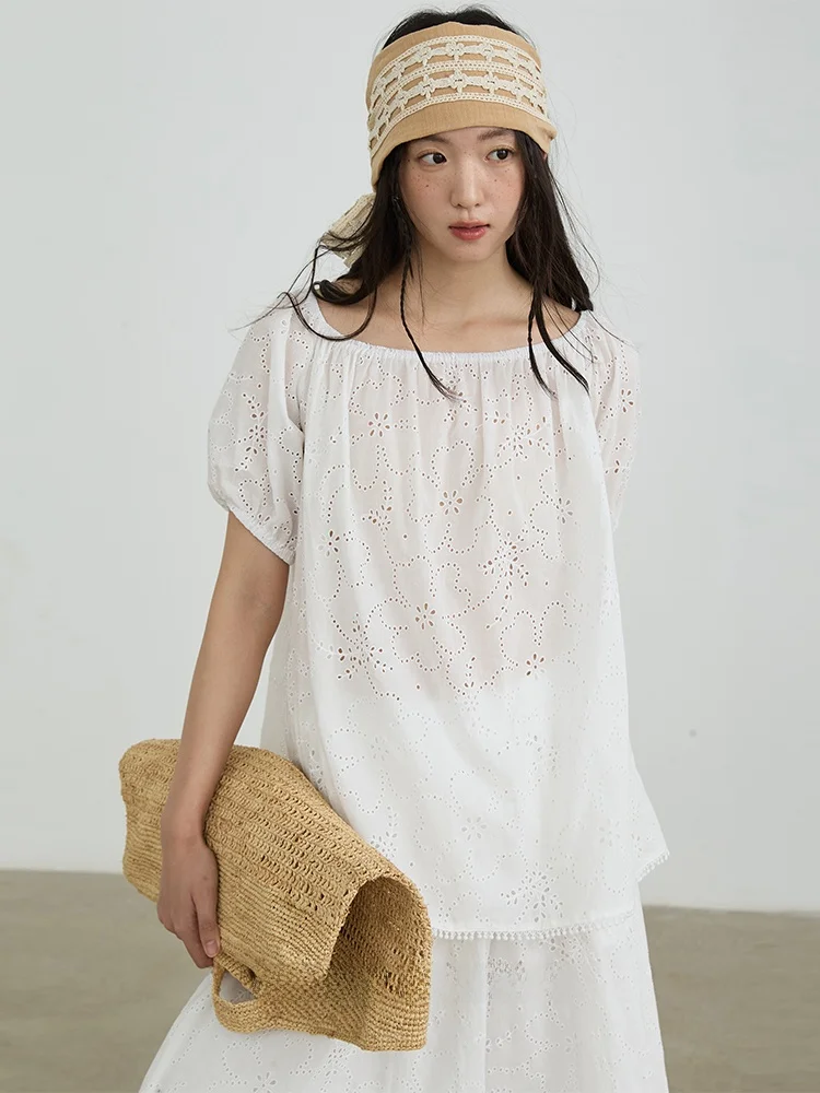 

Summer Casual Two-Piece Set One-oulder Hollow out Hook Flower irt A-Line Skirt Korean Sle Cold Tone Outfit