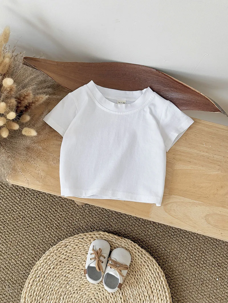 2026 Summer Baby T-shirt 1M-3T Solid Color Infant Girls White Tee Loose Thin Comfortable Toddler Cothes Boys Tops