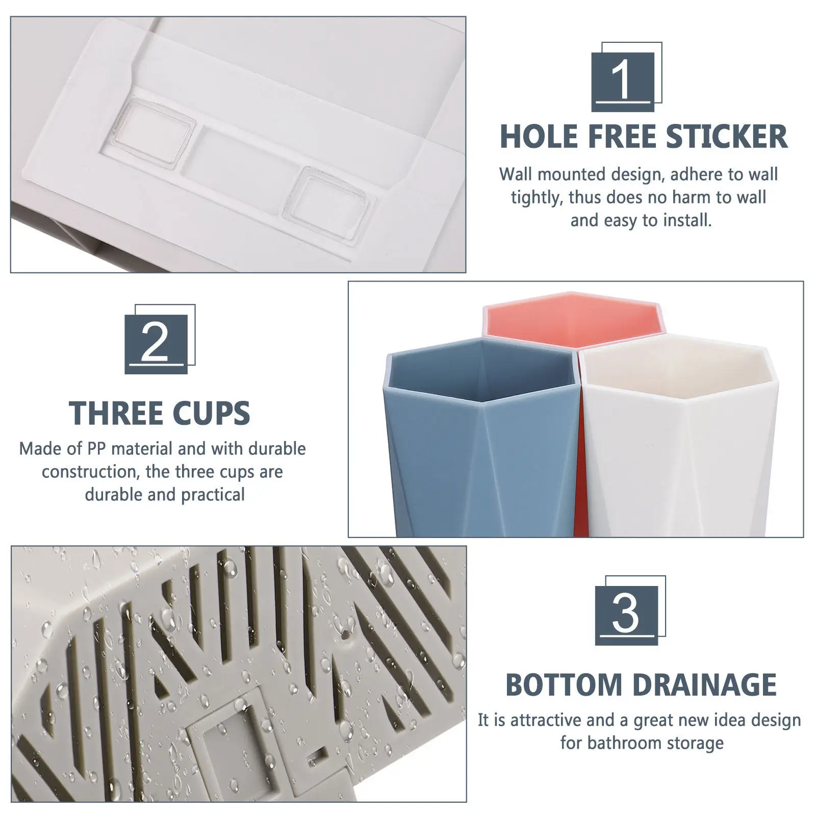 Wall Mounted Toothbrush Holder with 3 Removable Cups Bathroom Toothpaste Storage Organizer Rack