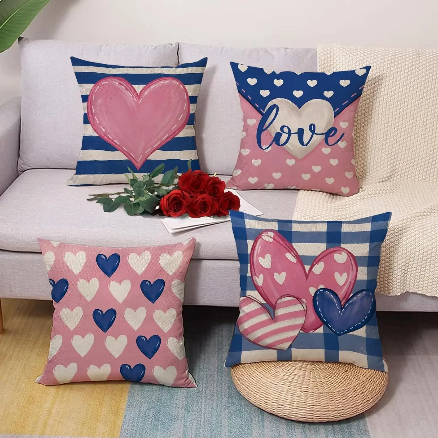 Valentine's Day Love Decorative Pillow Case 4 Pack, Blue Pink Heart Letter Home Decor, Anniversary Wedding Sofa Cushion Cover