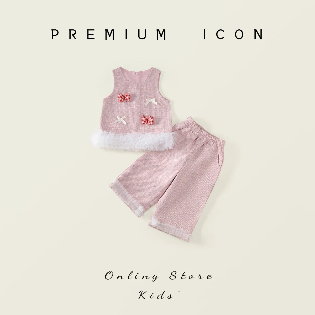 Spring Kids Girl 2PCS Clothes Set Children Girl Plaid Bow Gauze Hem Vest Infant Baby Girl Straight Pant Outfit Ribbed Undershirt