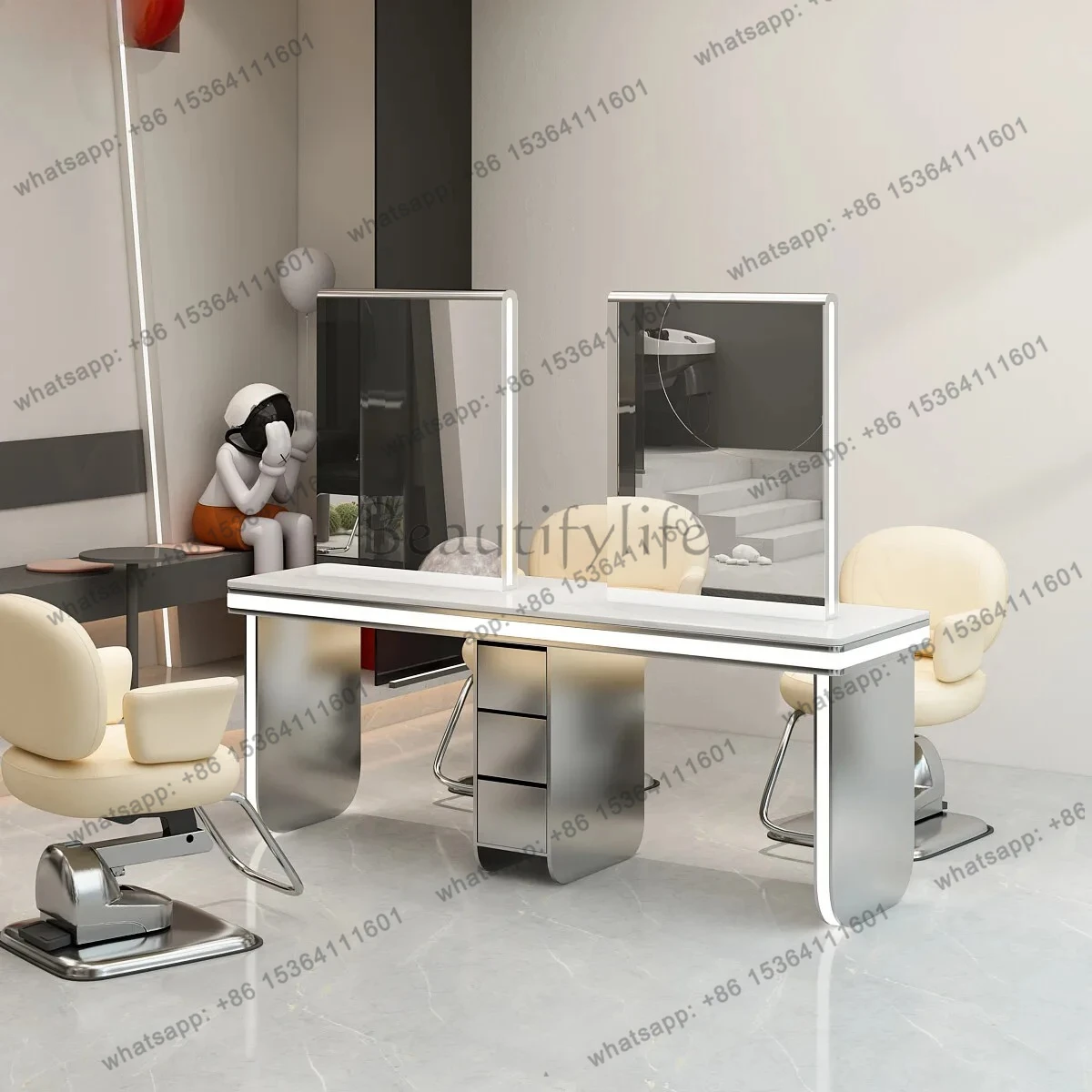 double-sided mirror table marble integrated haircut with cabinet, mirror cutting table for hair salon