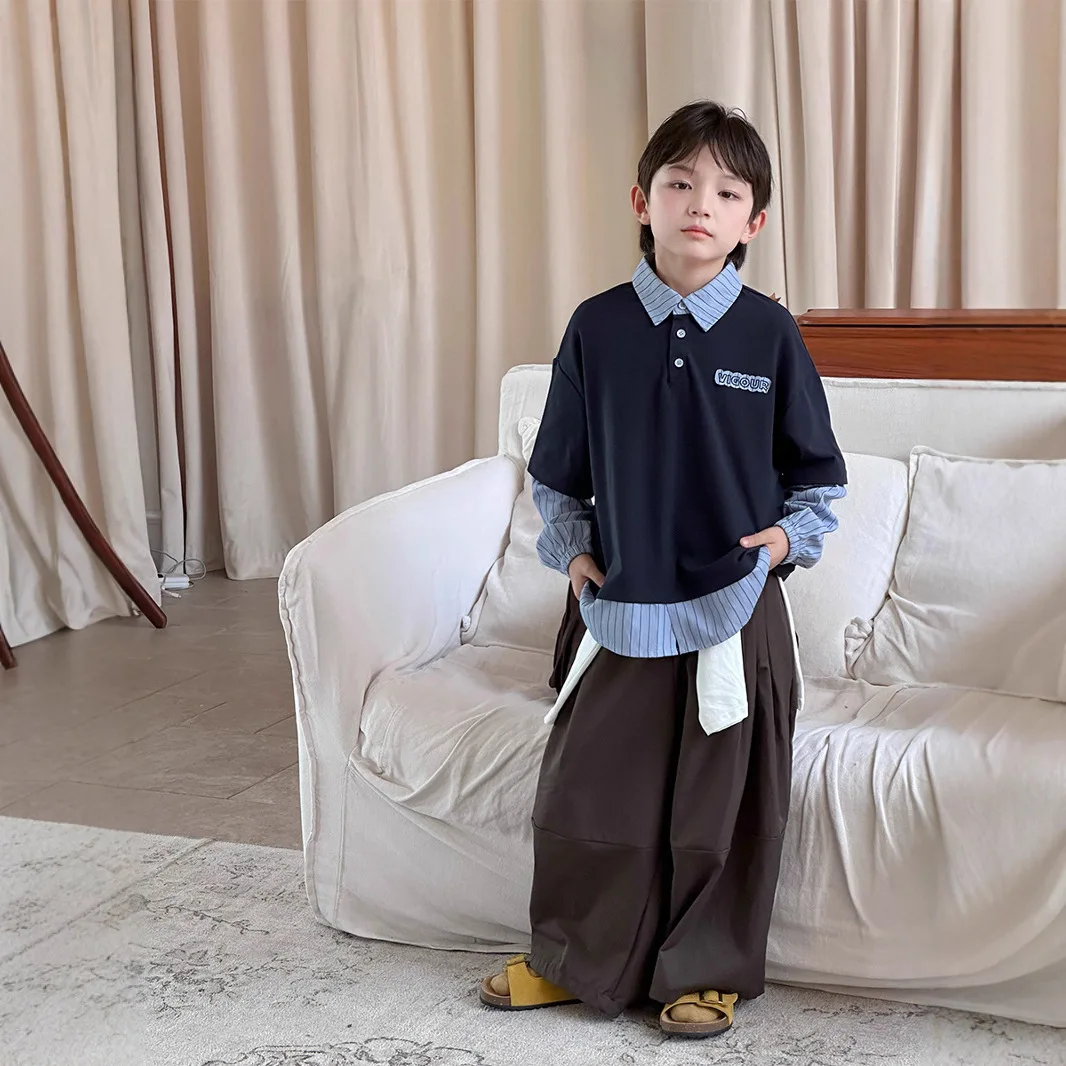 

Childrens Top Spring Autumn New Korean Edition Fake Two Piece Stripe Contrast Collar Long Sleeve Top Western Style Casual Daily
