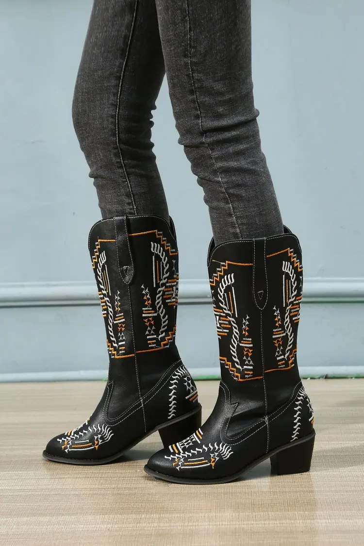 Ankle boots Women's mid-heel vintage embroidered Doc Martens Knight high Western cowboy boots