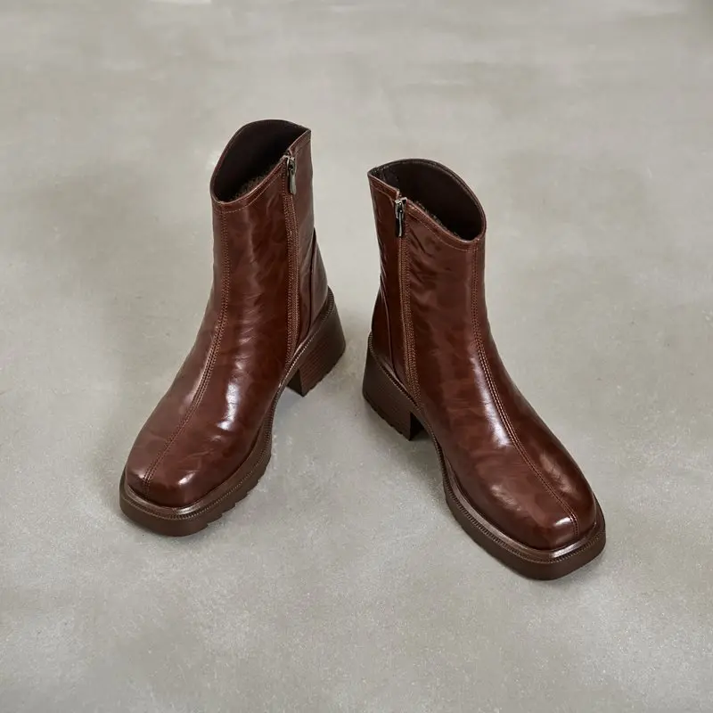 MORAZORA Size 34-41 Genuine Leather Snow Boots Women Zipper Square High Heels Nature Wool Warm Winter Boots Handmade Ankle Boots - view 6