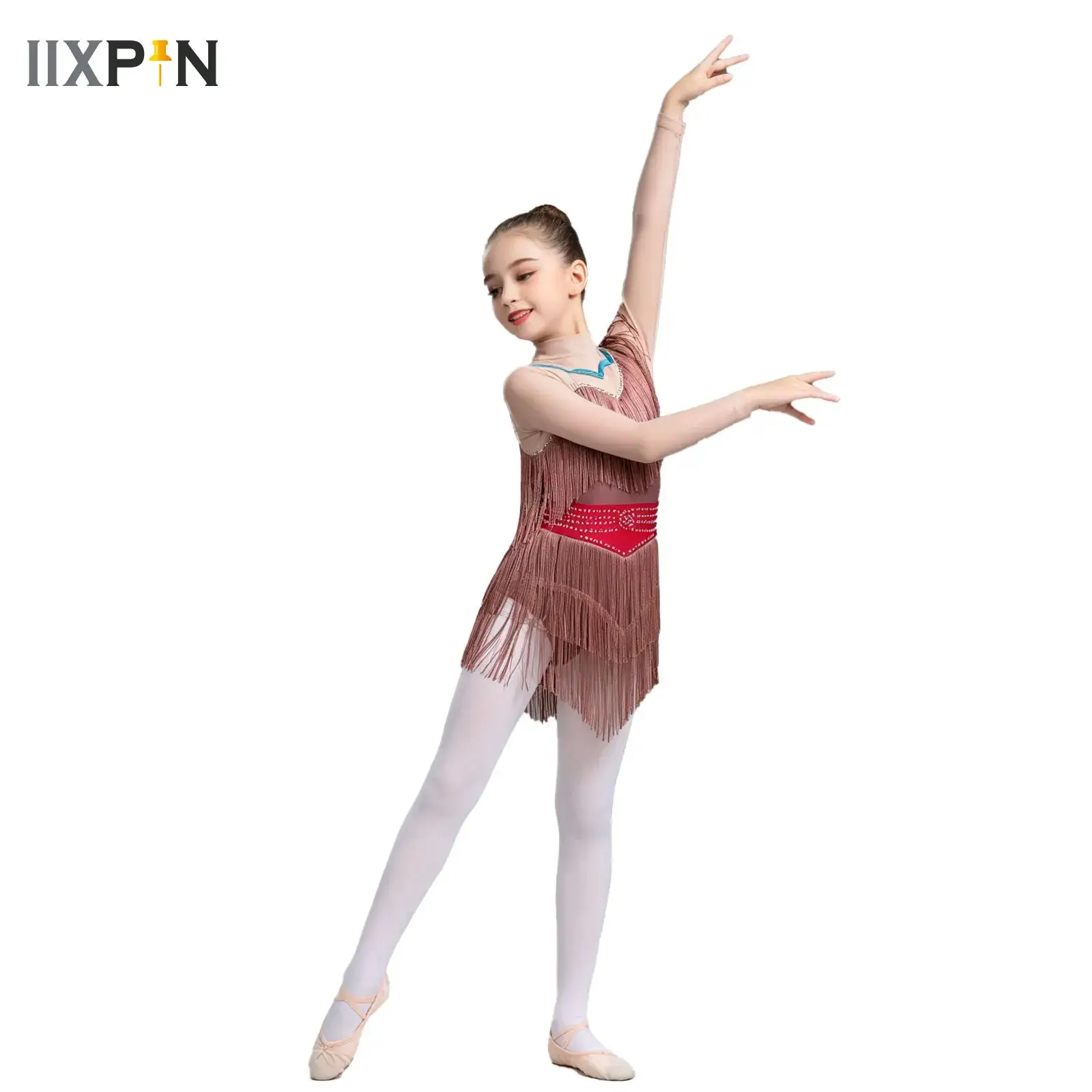 Latin Dance Dress Girls Sparkly Rhinestones Long Sleeve Competition Clothing Contrast Child Professional Performance Clothes