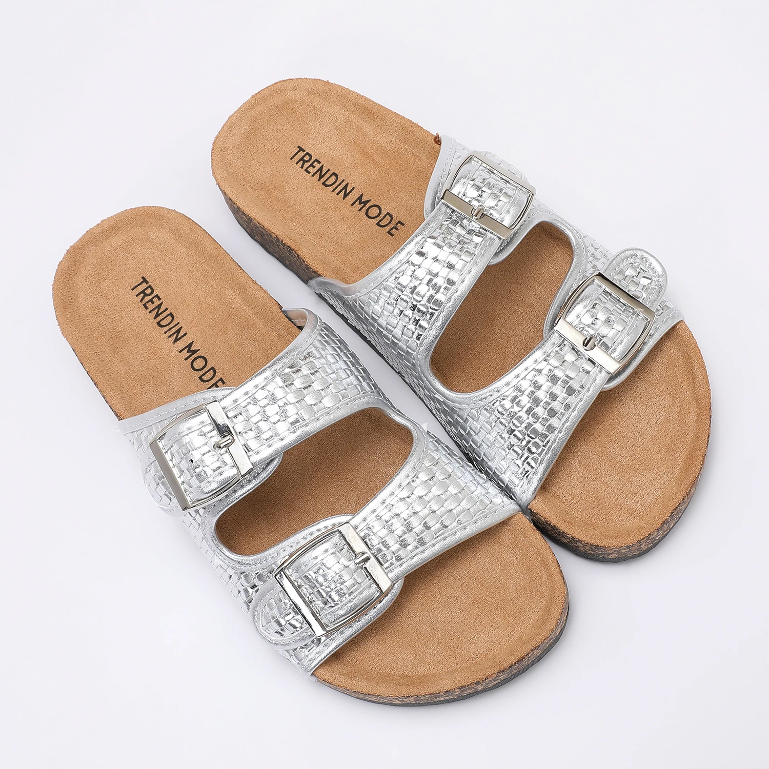 

Woven Double-Buckle Cork Footbed Slides - Trendy Comfortable Casual Sandals for Women