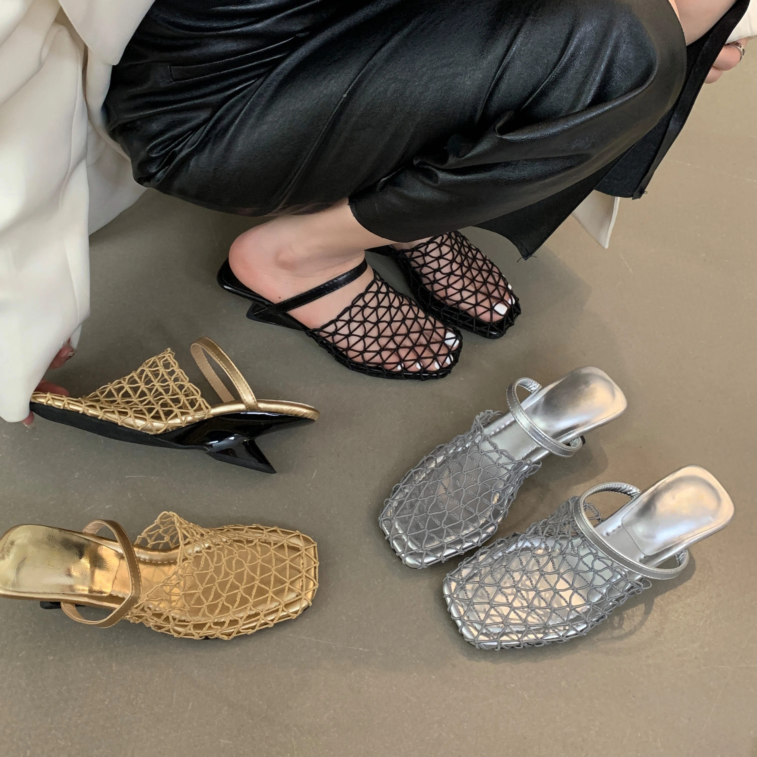 Aneikeh 2026 Summer Slippers Sandals Party Shoes for Women Fashion Strange Style Square Toe Shallow Narrow Band Weaving Slip-On