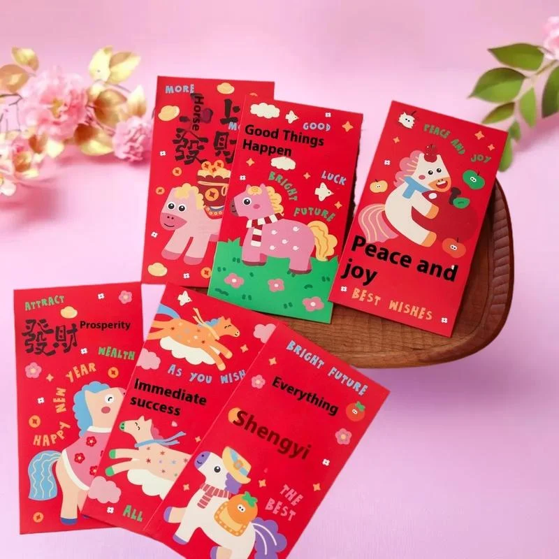 

6 шт./компл., конверт для денег с героями мультфильмов, китайский Новый год, счастливые красные карманы, 2026, год лошади, весенний фестиваль, красный конверт