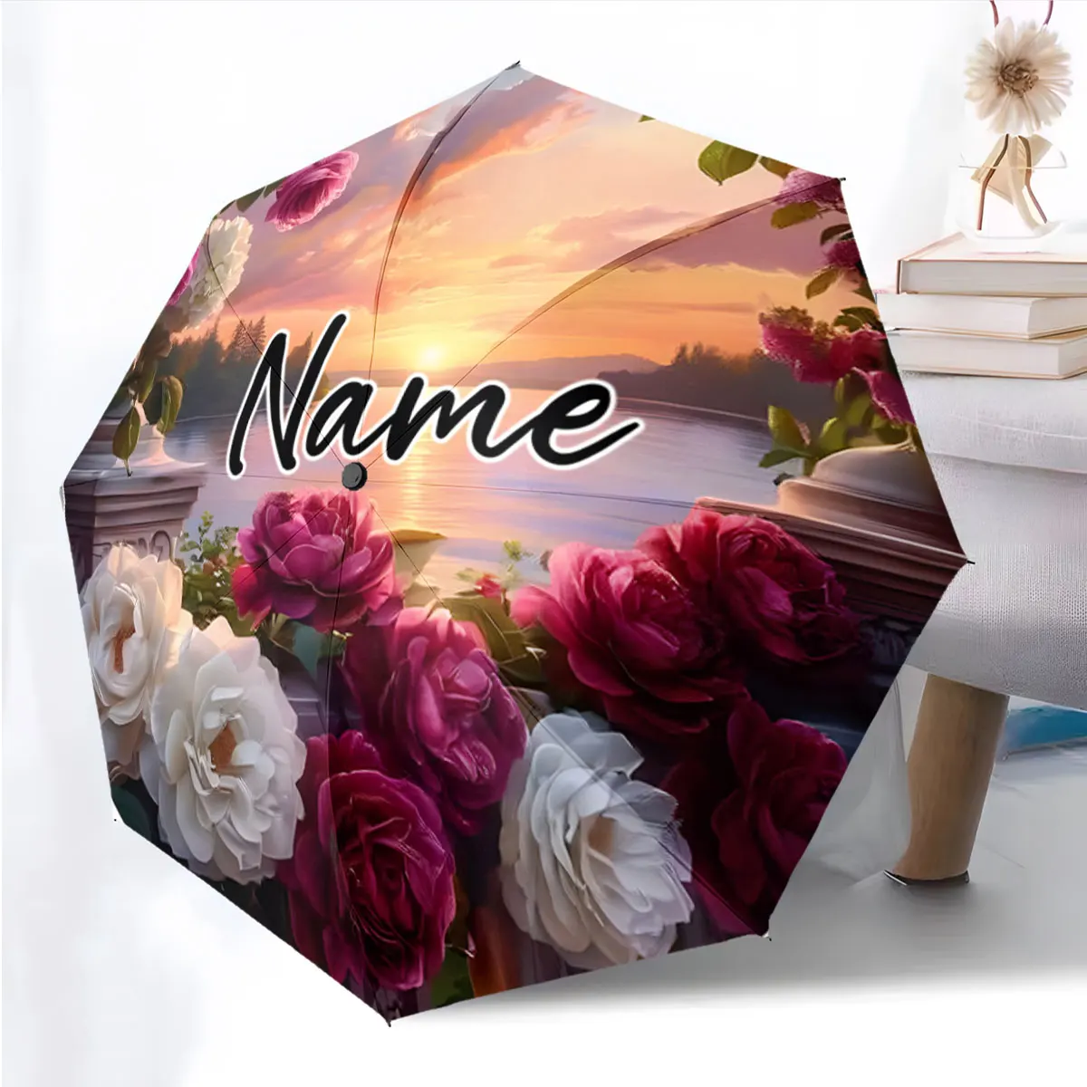 Custom Name Elegant Floral Design Umbrella with Scenic Background Print 8 Iron Ribs Folding Umbrella Auto-Open Fashion Sunshade